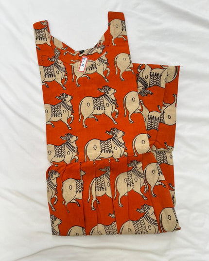 Kalamkari Pichwai Cow Design Frock – Orange Colour | Handloom Ethnic Wear with Half Lining