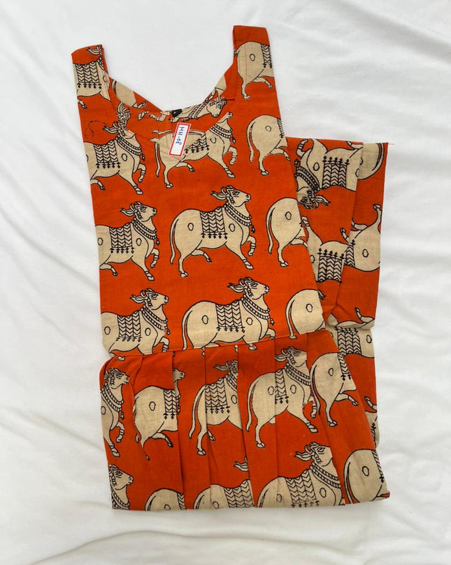 Kalamkari Pichwai Cow Design Frock – Orange Colour | Handloom Ethnic Wear with Half Lining