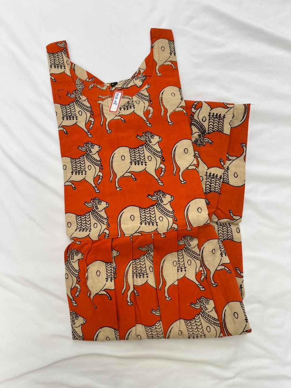 Kalamkari Pichwai Cow Design Frock – Orange Colour | Handloom Ethnic Wear with Half Lining