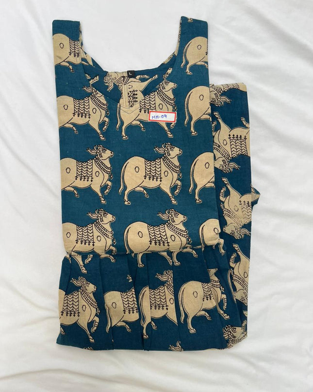 Kalamkari Pichwai Cow Design Frock – Blue Colour | Handloom Ethnic Wear with Half Lining