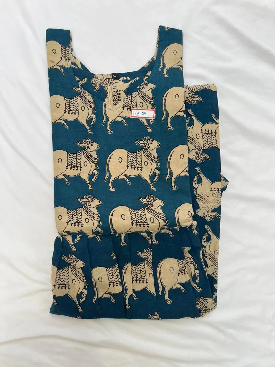 Kalamkari Pichwai Cow Design Frock – Blue Colour | Handloom Ethnic Wear with Half Lining