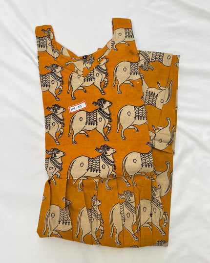 Kalamkari Pichwai Cow Design Frock – Yellow Colour | Handloom Ethnic Wear with Half Lining
