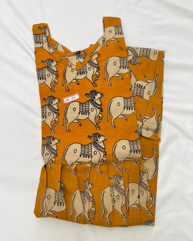 Kalamkari Pichwai Cow Design Frock – Yellow Colour | Handloom Ethnic Wear with Half Lining