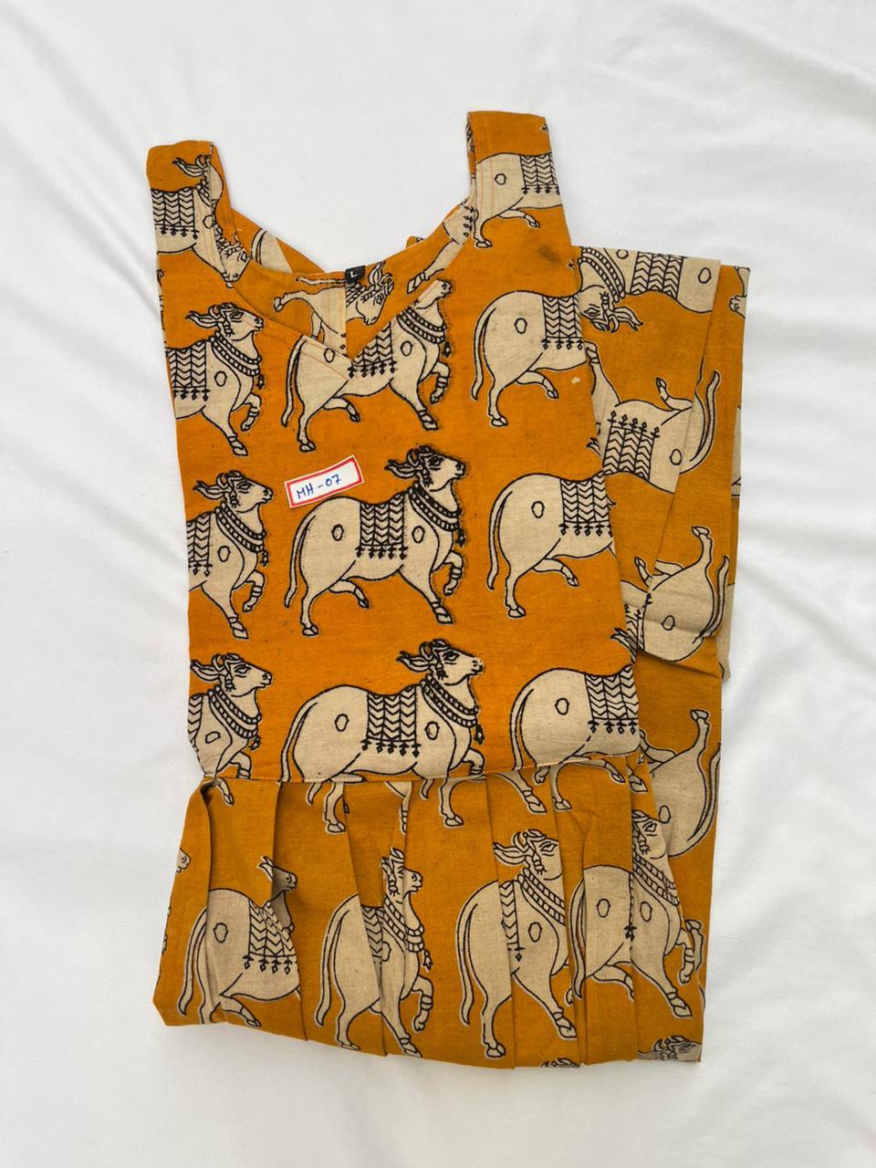 Kalamkari Pichwai Cow Design Frock – Yellow Colour | Handloom Ethnic Wear with Half Lining