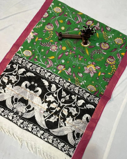 Mangalagiri Kalmkari Dupatts Cotton Fabric Green Colour