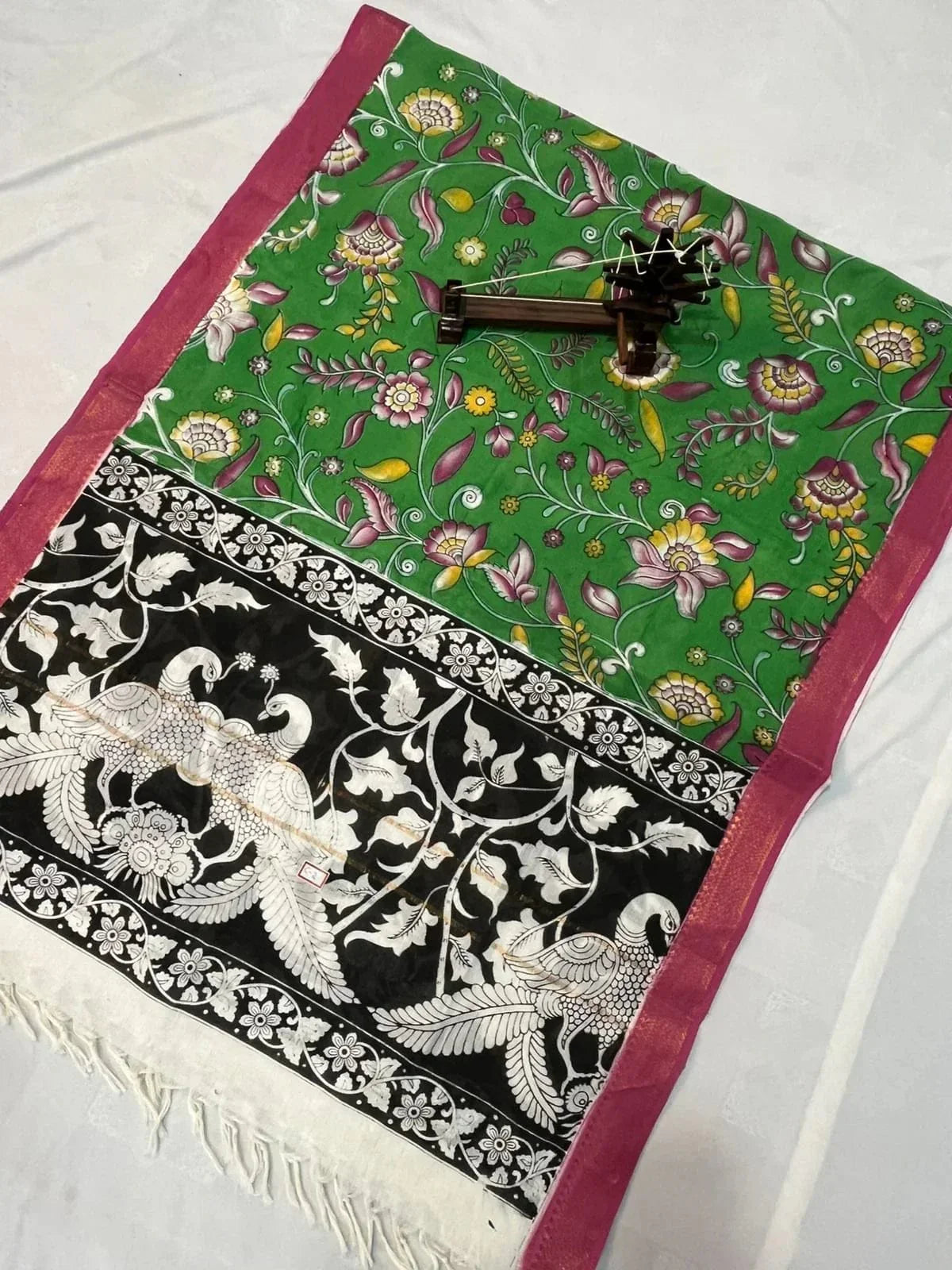 Mangalagiri Kalmkari Dupatts Cotton Fabric Green Colour