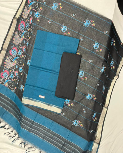 Mangalagiri Cotton Dress Material with Black Chunni with Peacock Blue Colour