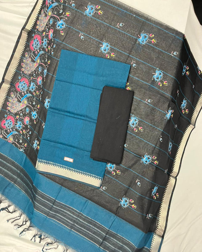 Mangalagiri Cotton Dress Material with Black Chunni with Peacock Blue Colour