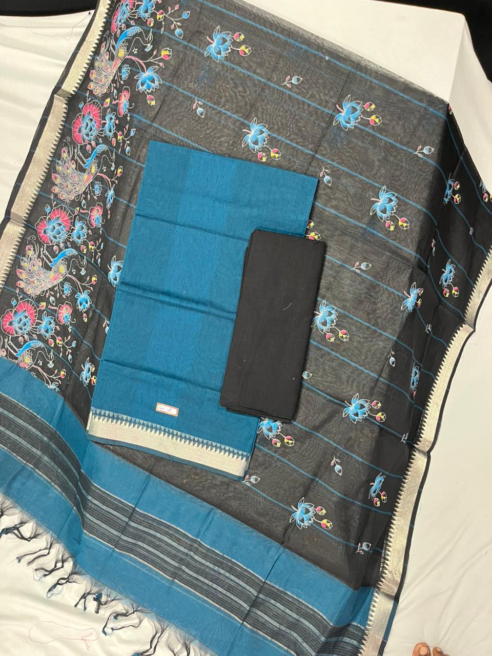 Mangalagiri Cotton Dress Material with Black Chunni with Peacock Blue Colour