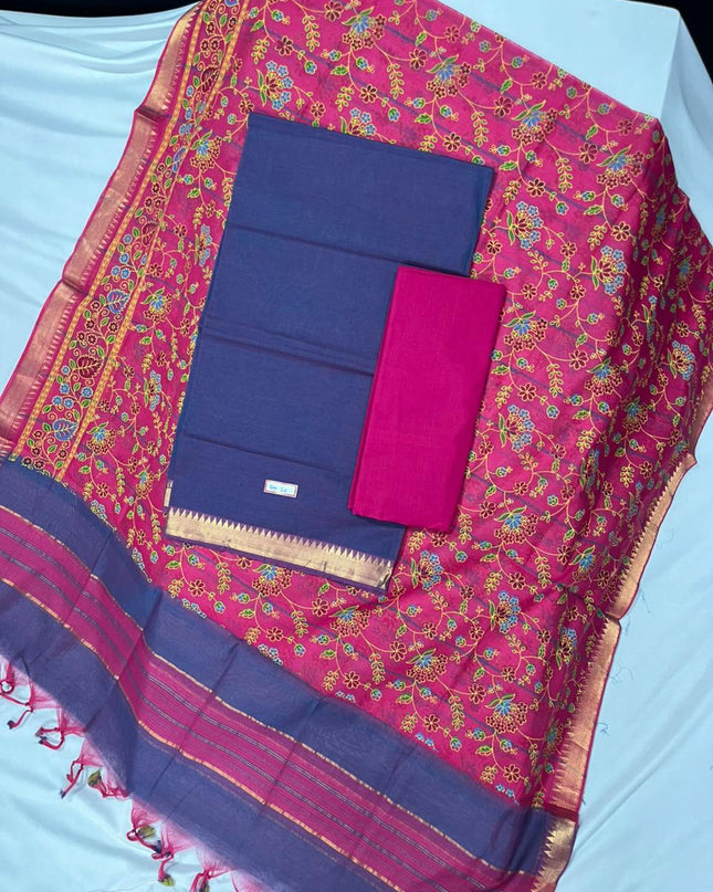 Mangalagiri Cotton Dress Material with Pink Chunni with Blue Colour