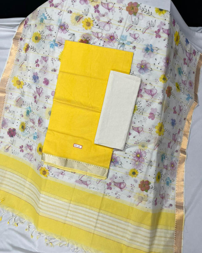 Mangalagiri Cotton Dress Material with White Chunni Yellow Colour