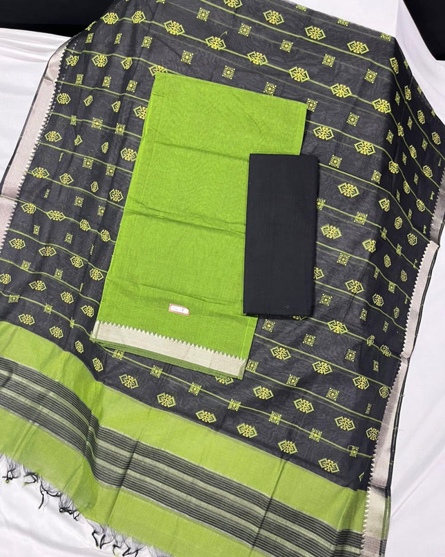 Mangalagiri Cotton Dress Material with Black Chunni with Green Colour
