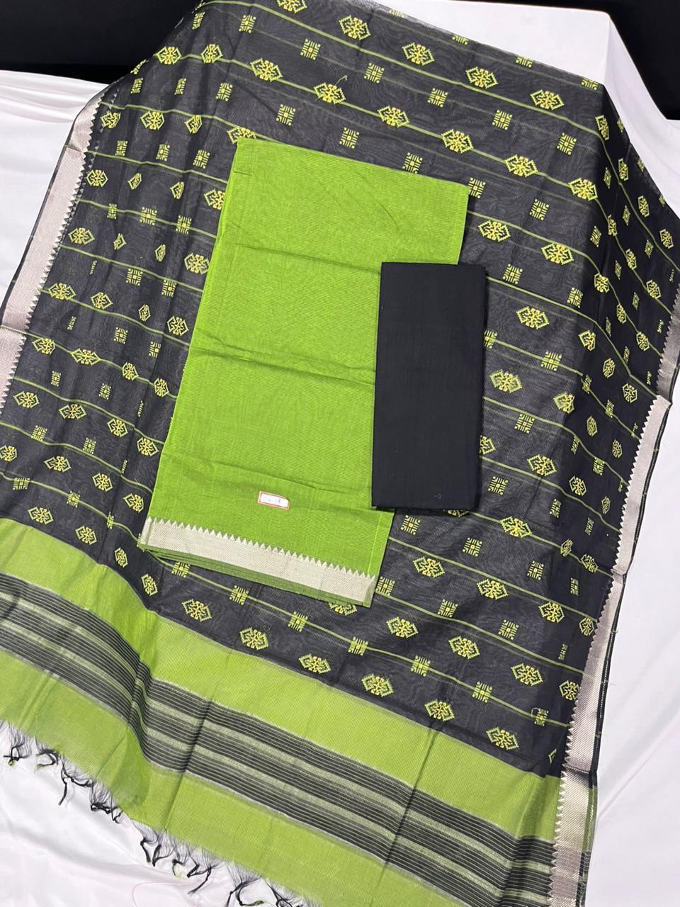Mangalagiri Cotton Dress Material with Black Chunni with Green Colour