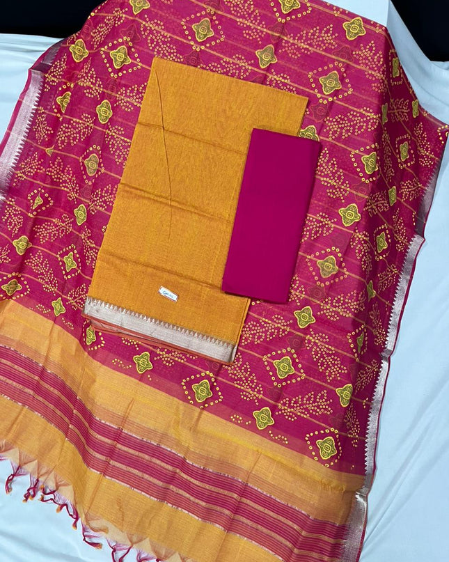 Mangalagiri Cotton Dress Material with Red Chunni with Bronze Colour
