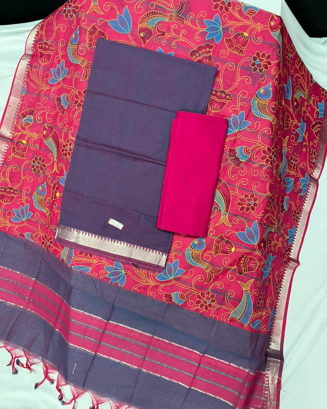 Mangalagiri Cotton Dress Material with Pink Chunni with Purple Colour