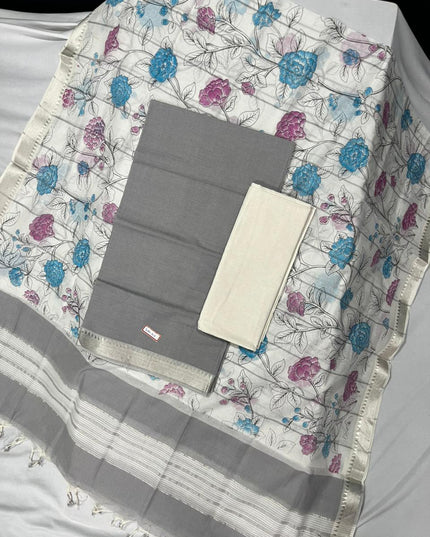 Mangalagiri Cotton Dress Material with White Chunni with Gray Colour