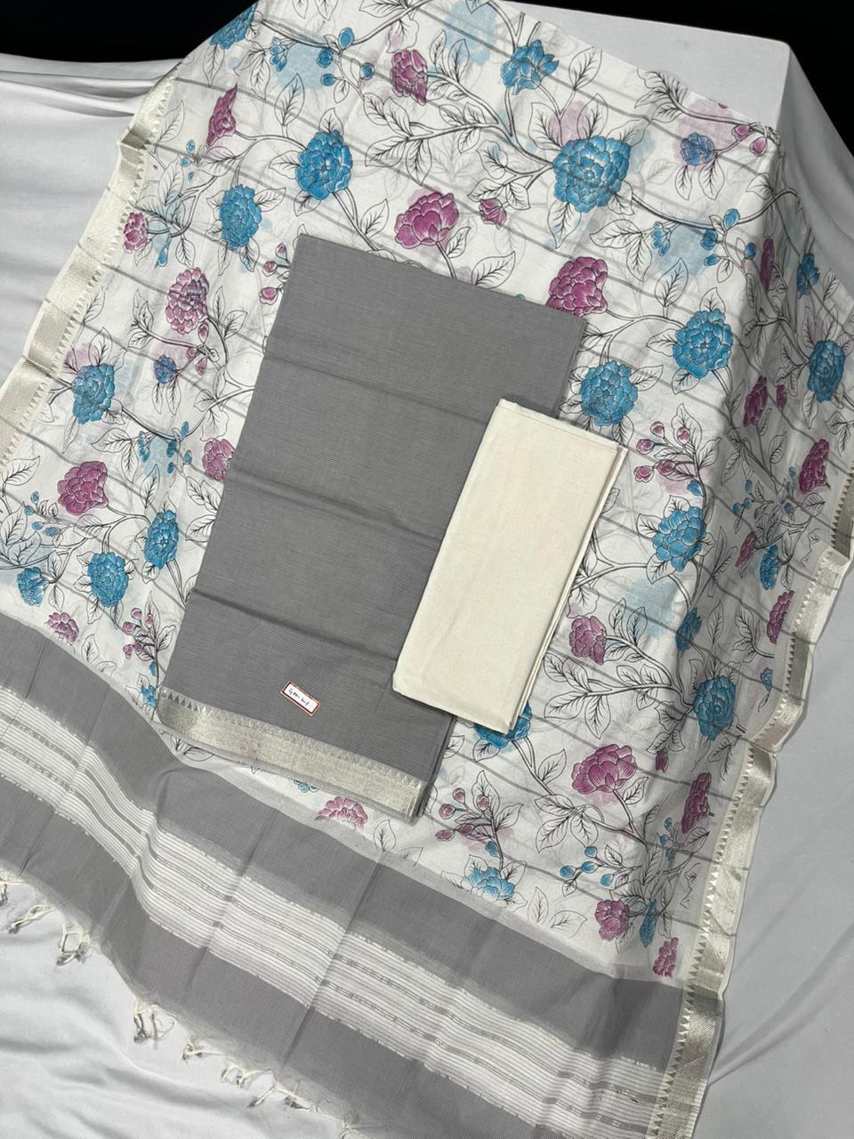 Mangalagiri Cotton Dress Material with White Chunni with Gray Colour