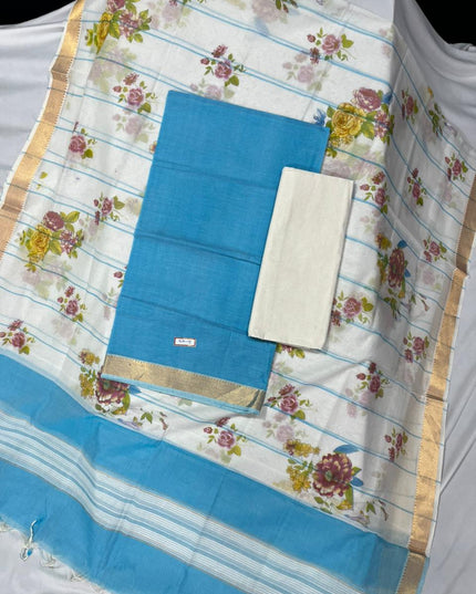 Mangalagiri Cotton Dress Material with White Chunni with Sky Blue Colour