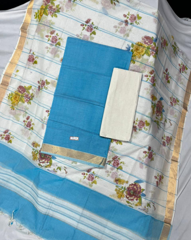 Mangalagiri Cotton Dress Material with White Chunni with Sky Blue Colour
