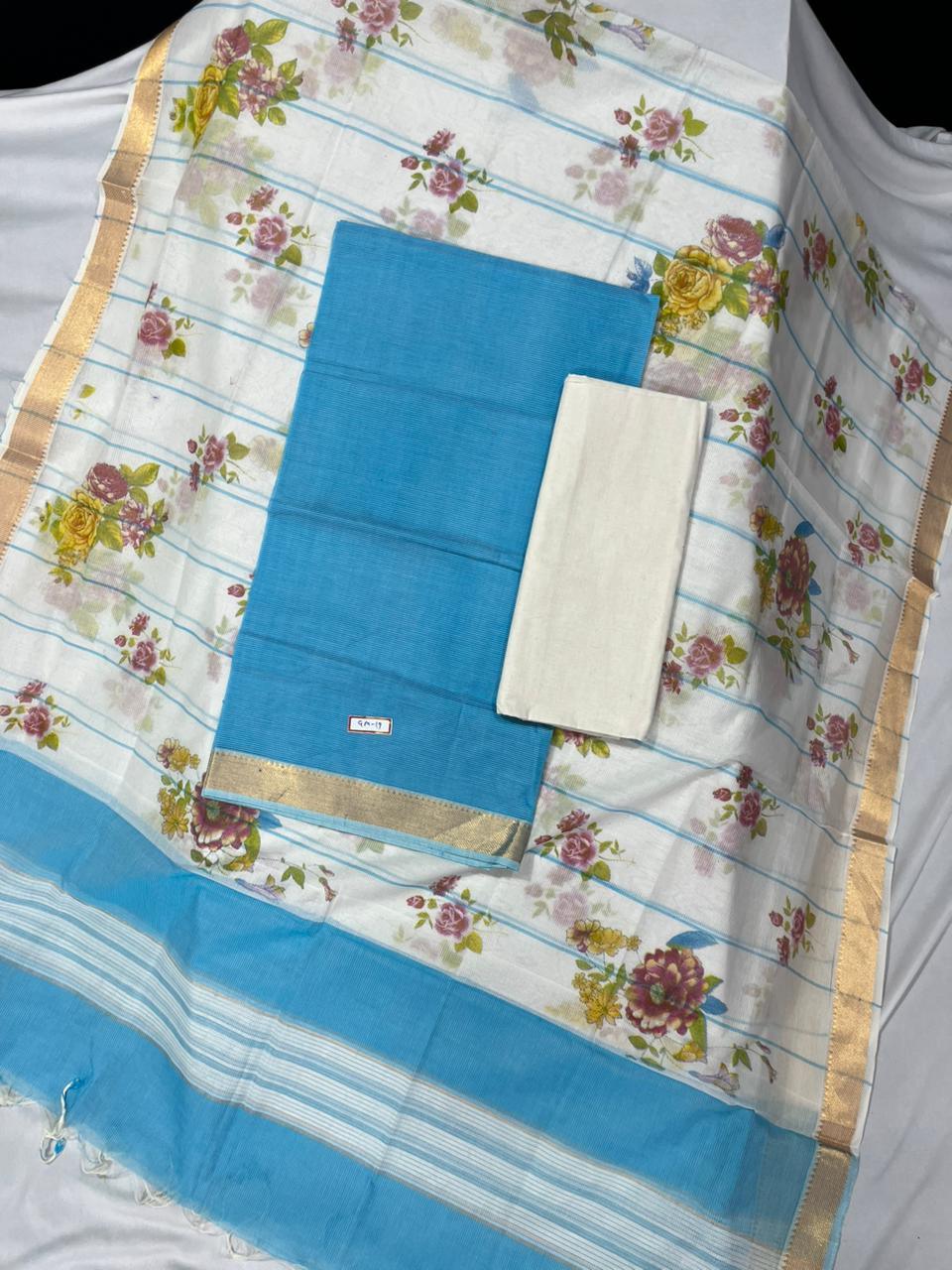 Mangalagiri Cotton Dress Material with White Chunni with Sky Blue Colour