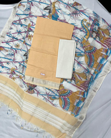 Mangalagiri Cotton Dress Material with White Chunni with Peach Colour