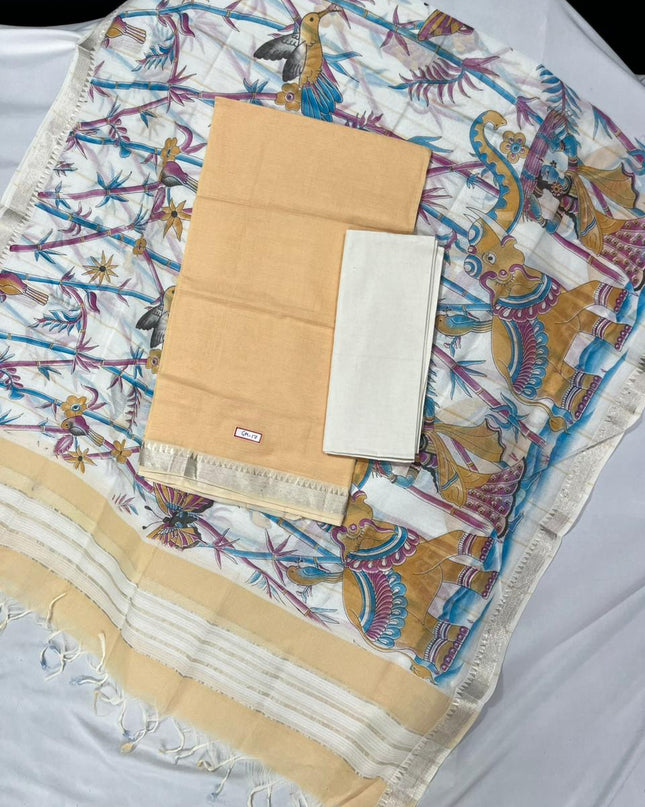 Mangalagiri Cotton Dress Material with White Chunni with Peach Colour