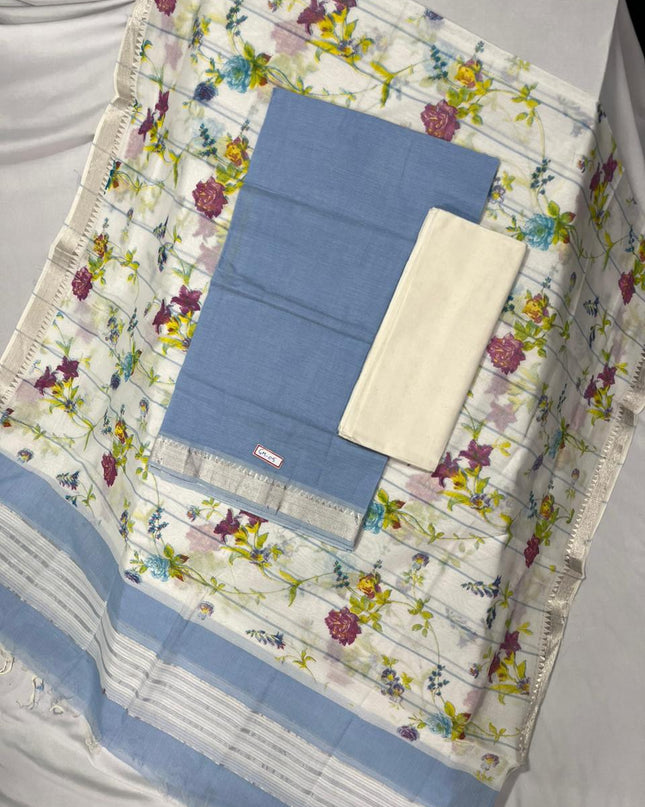 Mangalagiri Cotton Dress Material with White Chunni with Sky Blue Colour