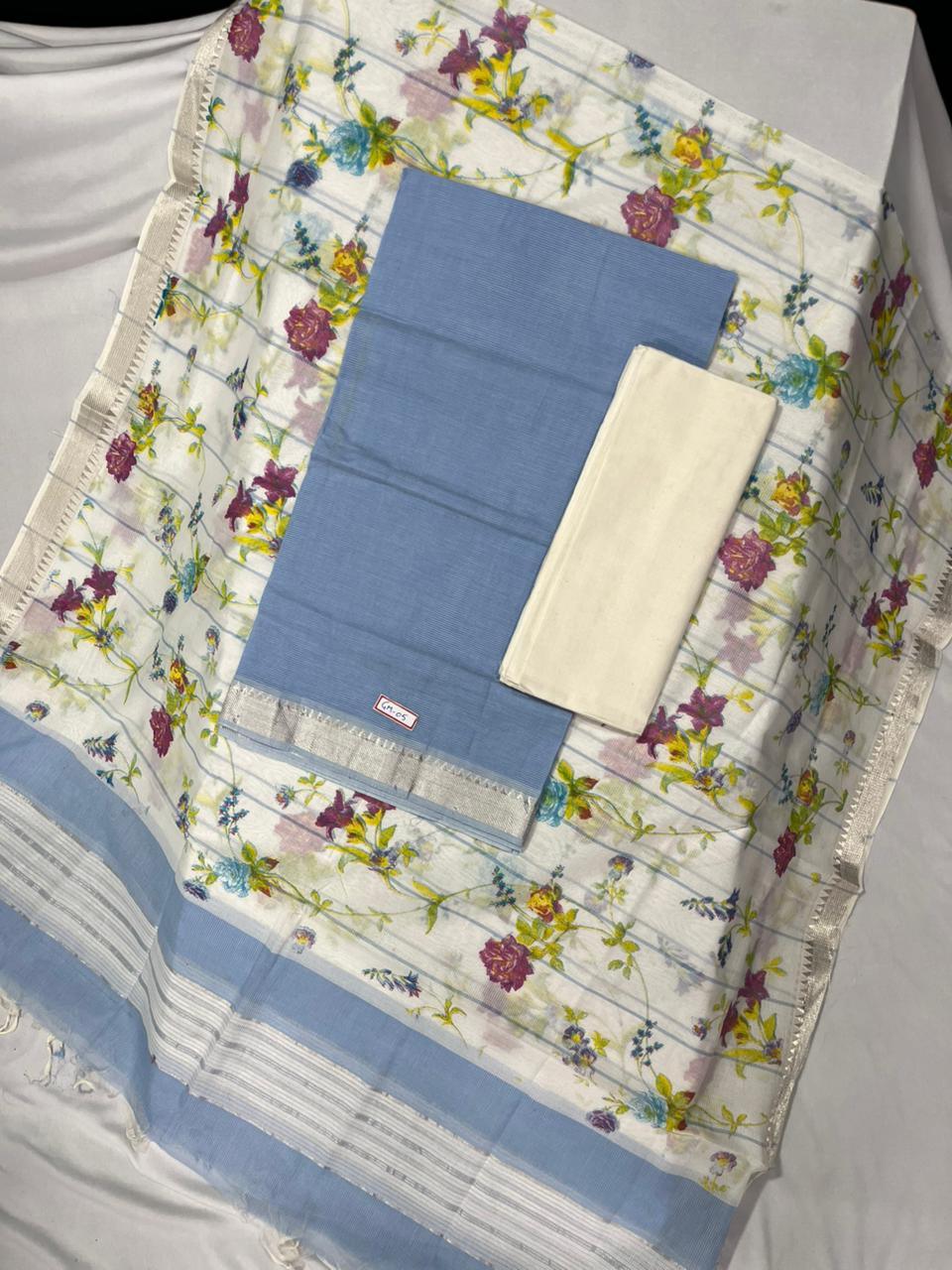Mangalagiri Cotton Dress Material with White Chunni with Sky Blue Colour