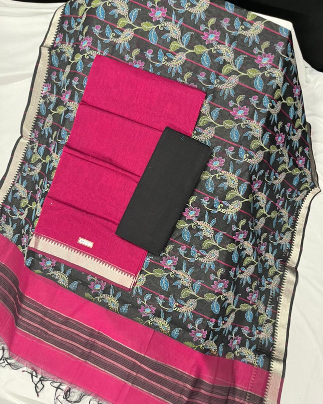 Mangalagiri Cotton Dress Material with Black Chunni with Pink Colour