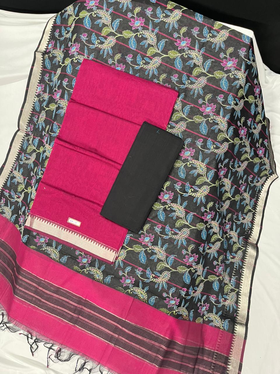 Mangalagiri Cotton Dress Material with Black Chunni with Pink Colour