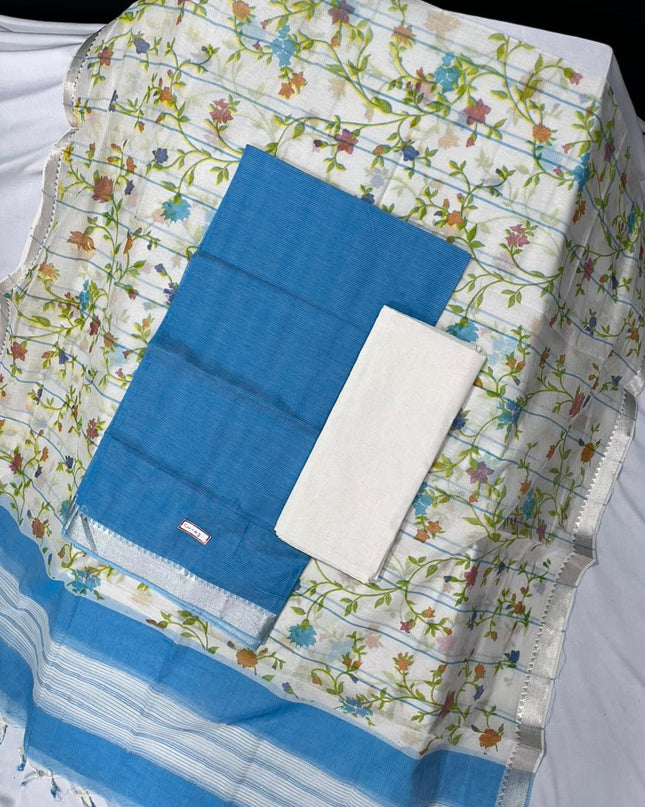 Mangalagiri Cotton Dress Material with White Chunni with Blue Colour
