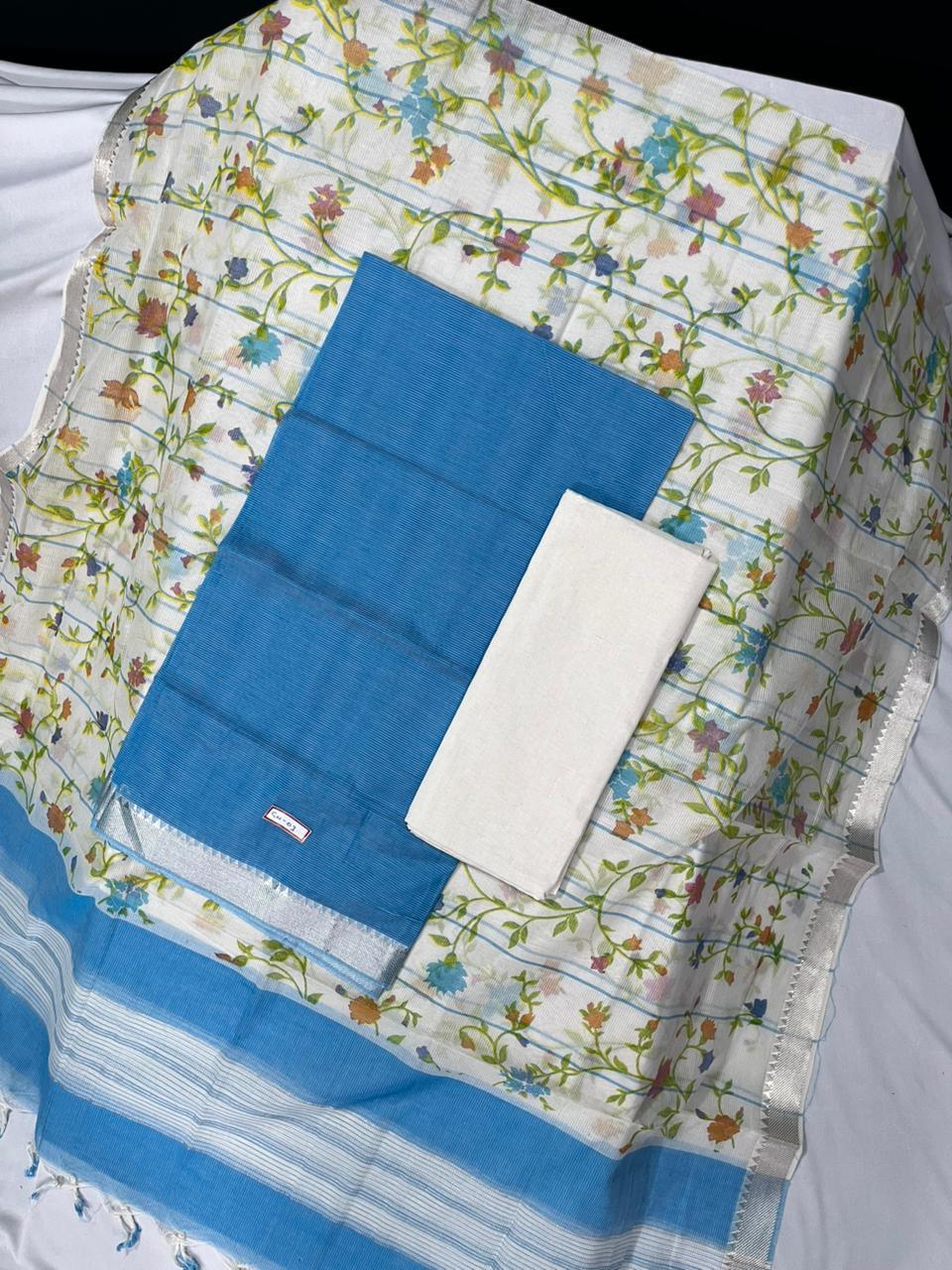 Mangalagiri Cotton Dress Material with White Chunni with Blue Colour