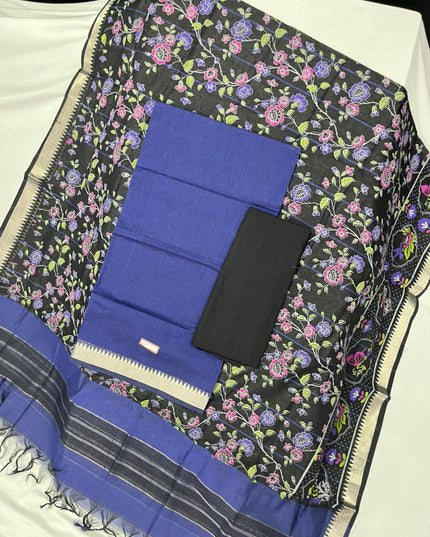 Mangalagiri Cotton Dress Material with Black Chunni with Blue Colour