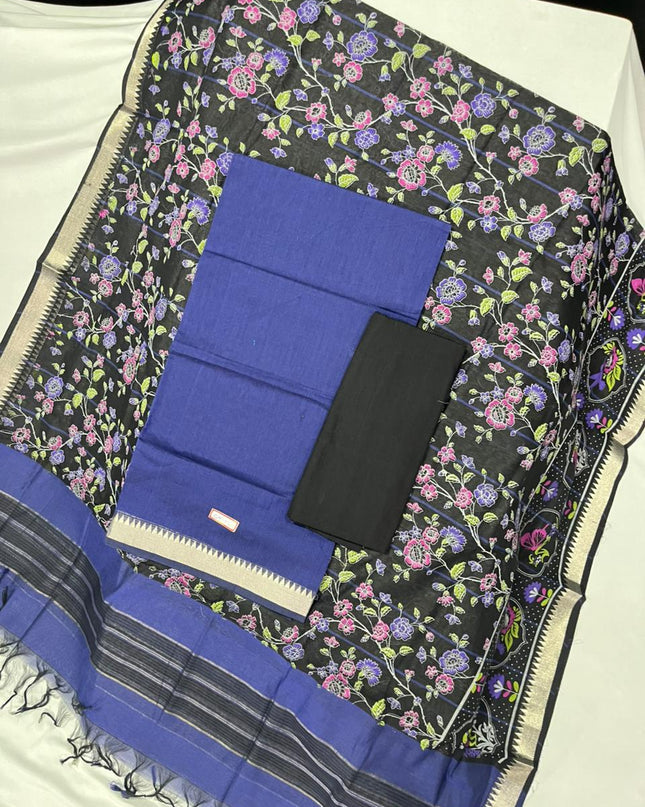 Mangalagiri Cotton Dress Material with Black Chunni with Blue Colour
