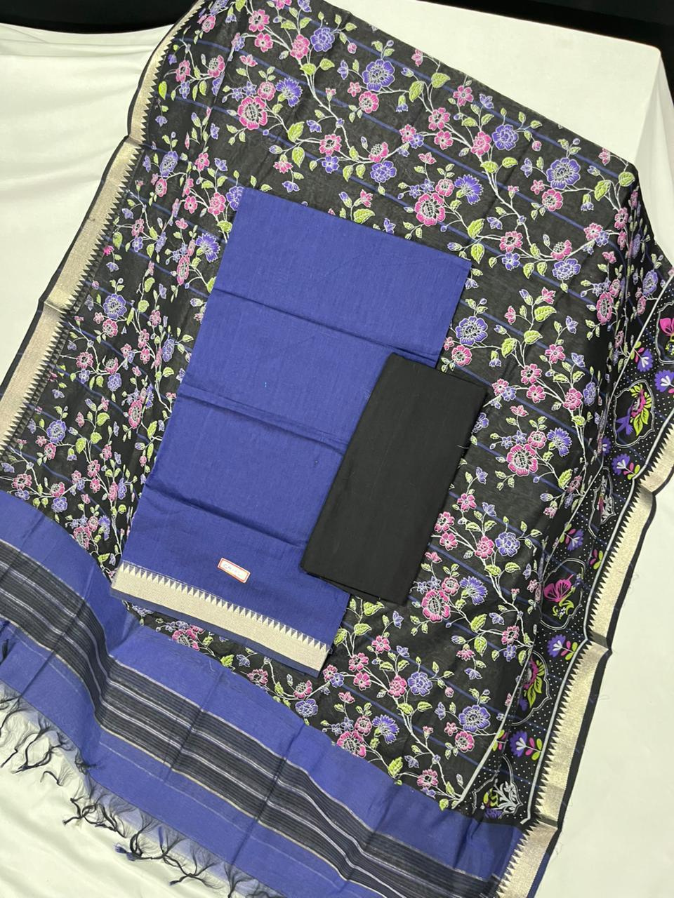 Mangalagiri Cotton Dress Material with Black Chunni with Blue Colour