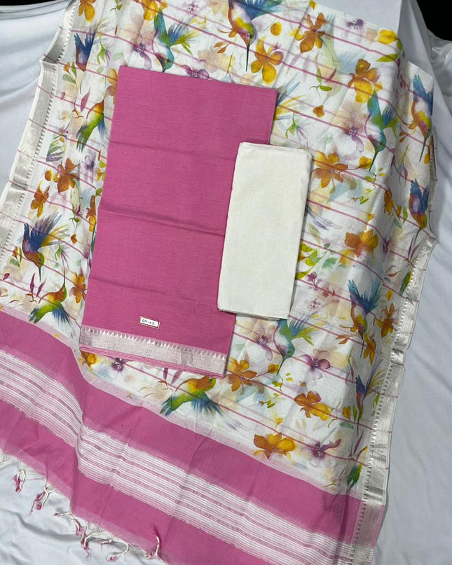 Mangalagiri Cotton Dress Material with White Chunni with Pink Colour