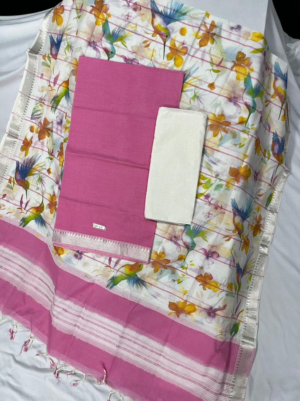 Mangalagiri Cotton Dress Material with White Chunni with Pink Colour