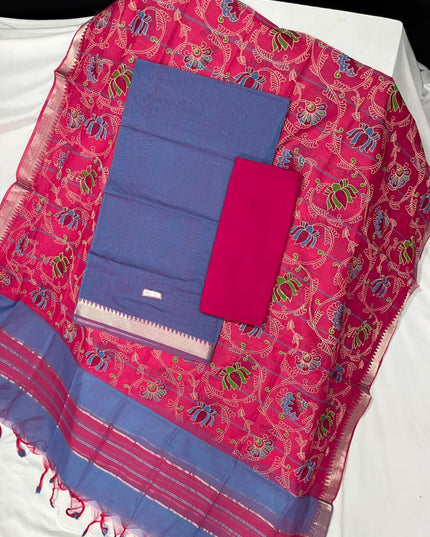 Mangalagiri Cotton Dress Material with Pink Chunni with Blue Colour