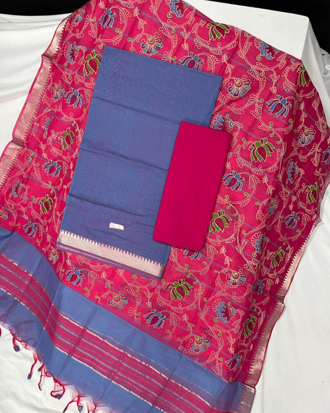 Mangalagiri Cotton Dress Material with Pink Chunni with Blue Colour