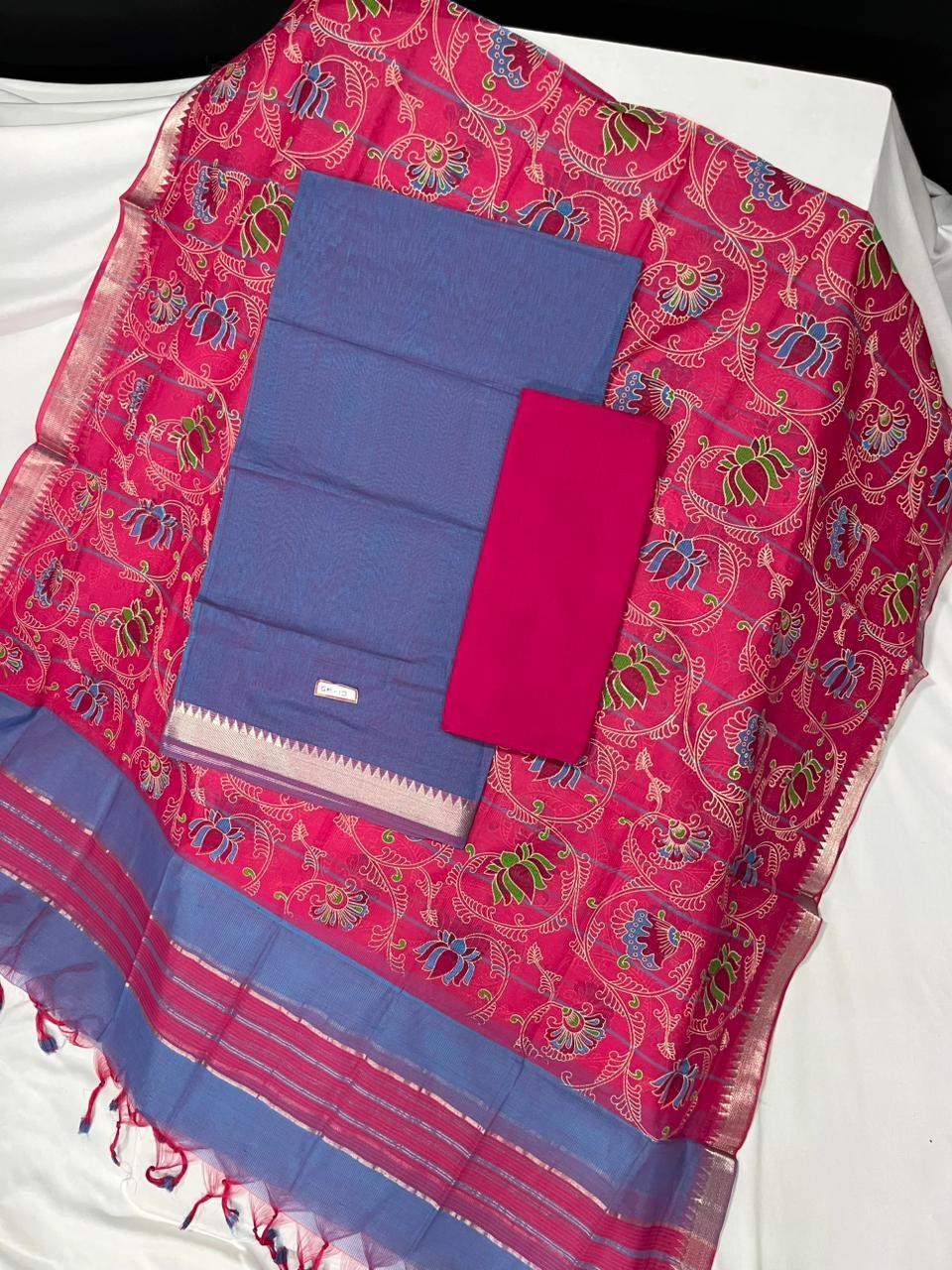 Mangalagiri Cotton Dress Material with Pink Chunni with Blue Colour