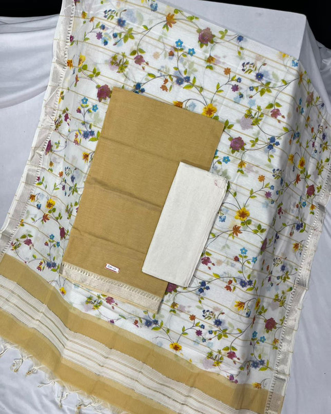 Mangalagiri Cotton Dress Material with White Chunni with Olive Colour