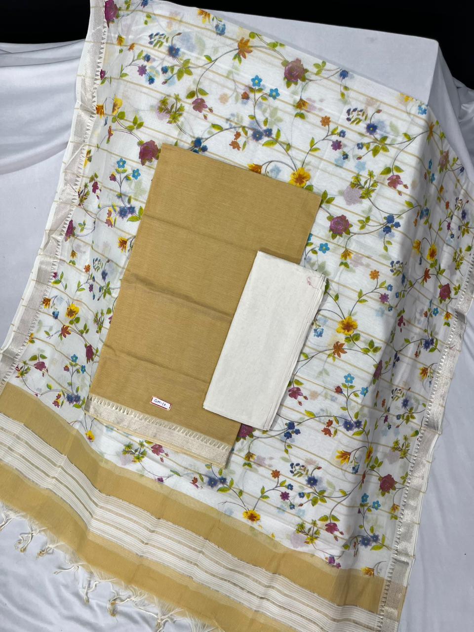 Mangalagiri Cotton Dress Material with White Chunni with Olive Colour