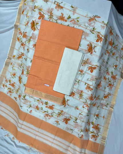 Mangalagiri Cotton Dress Material with White Chunni with Orange Colour