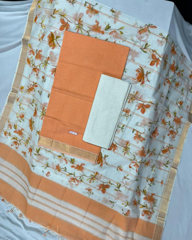 Mangalagiri Cotton Dress Material with White Chunni with Orange Colour