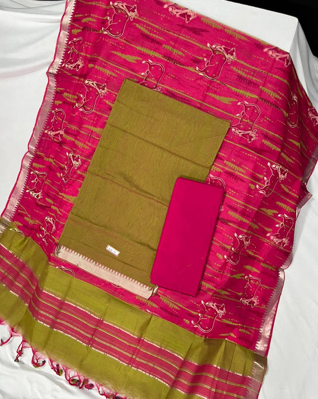 Mangalagiri Cotton Dress Material with Pink Chunni with Green Colour