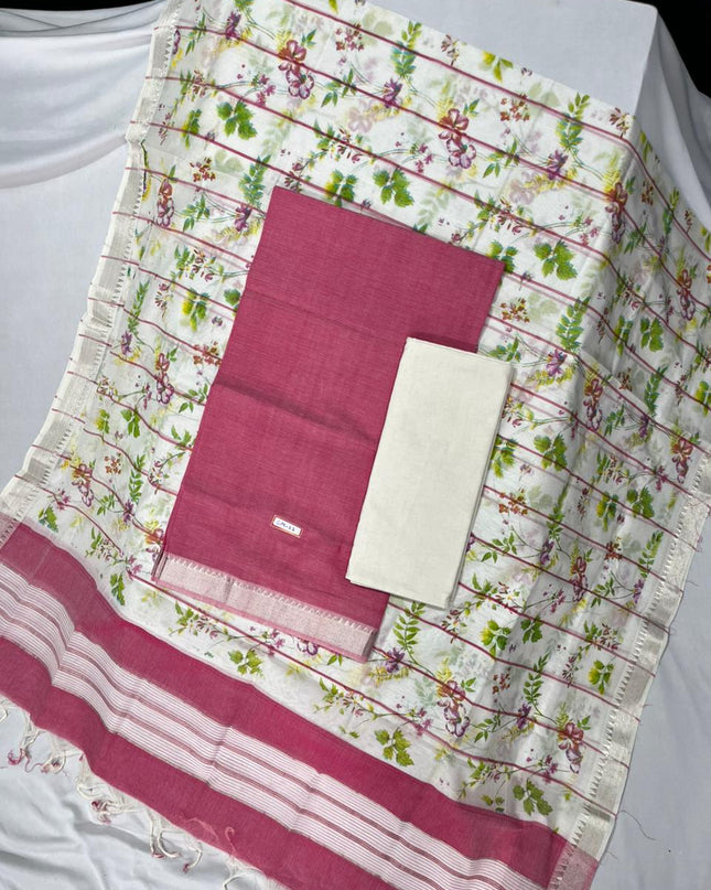 Mangalagiri Cotton Dress Material with White Chunni with Pink Colour