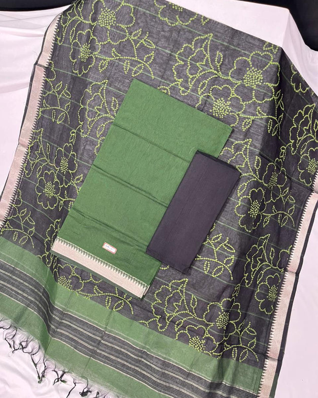 Mangalagiri Cotton Dress Material with Black Chunni with Green Colour