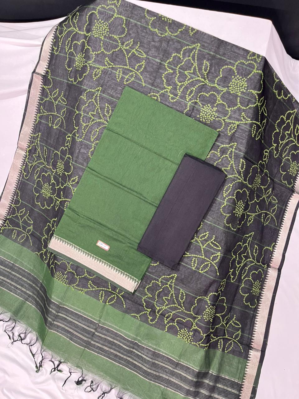 Mangalagiri Cotton Dress Material with Black Chunni with Green Colour
