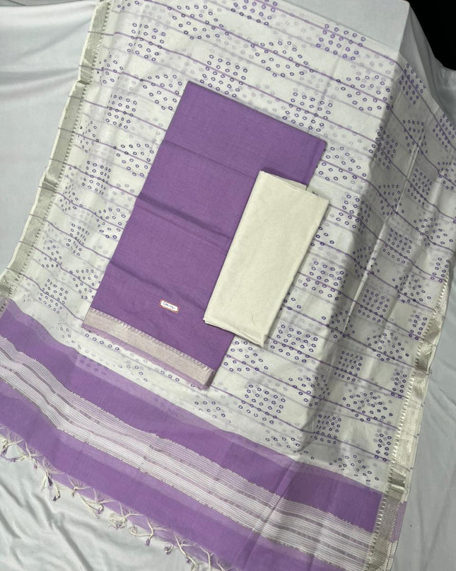 Mangalagiri Cotton Dress Material with White Chunni with Lavender Colour
