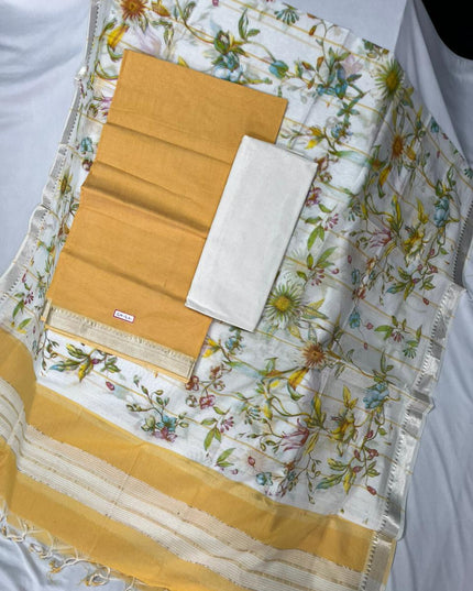 Mangalagiri Cotton Dress Material with White Chunni with Gold Colour